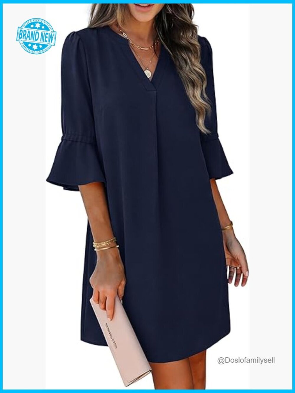 Shift Dress V Neck Ruffle Sleeve Loose Fit Summer Office Casual Dress Pockets